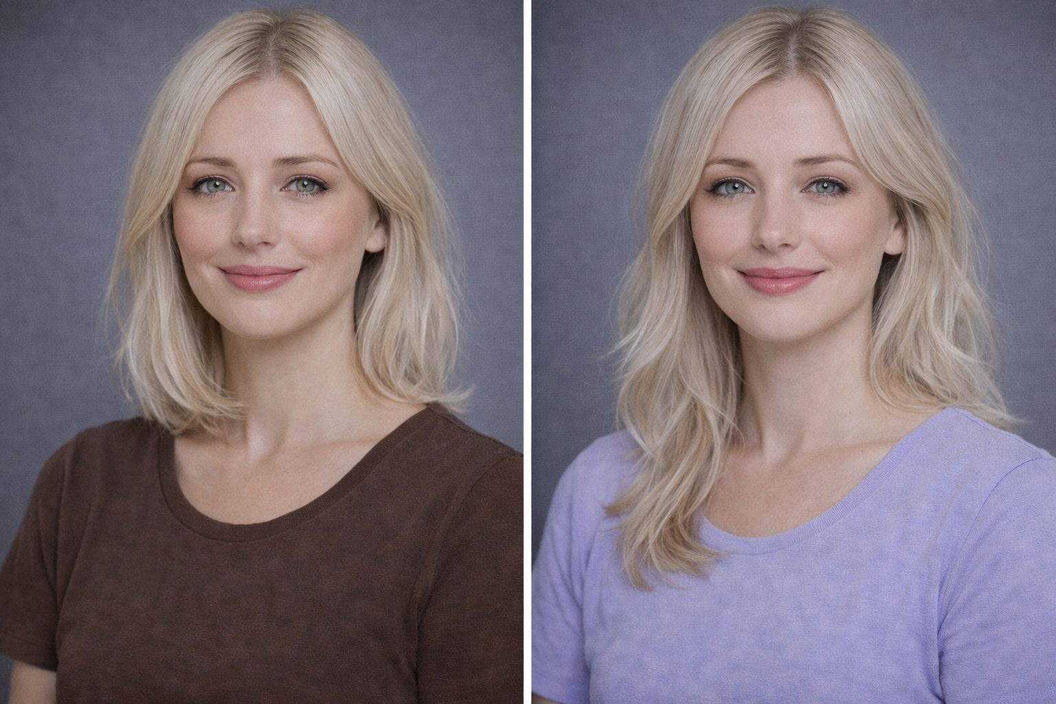 Same woman wearing dark brown (wrong season) vs soft lavender (her season) — the visible difference color alignment makes