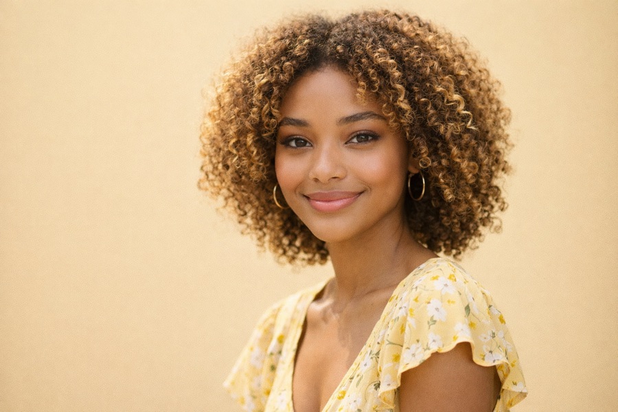Golden Honey Curls hair color for Bright Spring — Natural Afro | color analysis hair guide