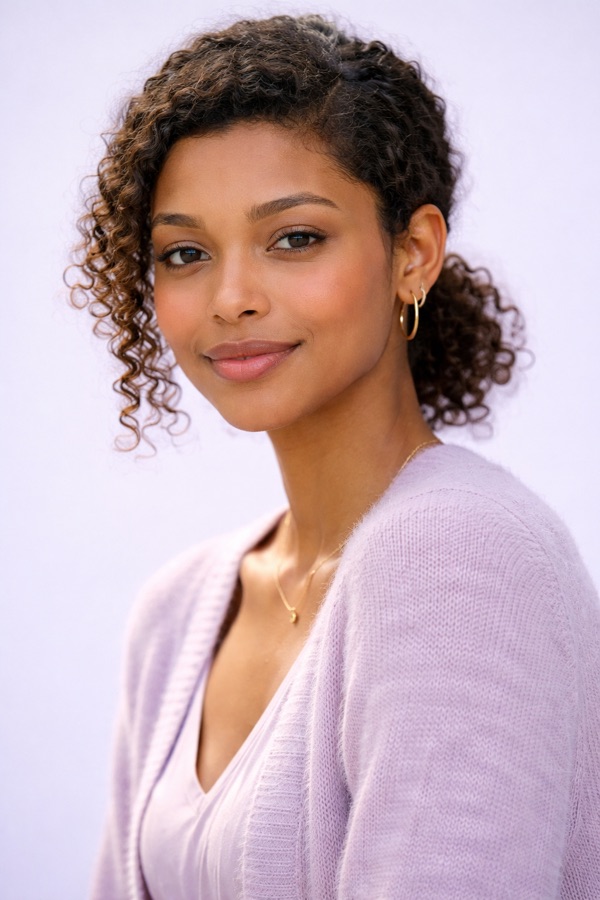 Dark Natural Brown hair color for Bright Spring — Curly Half-Up | color analysis hair guide