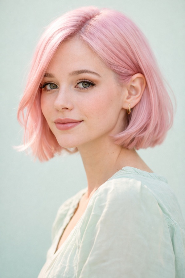 Warm Pink hair color for Bright Spring — Blunt Bob | color analysis hair guide