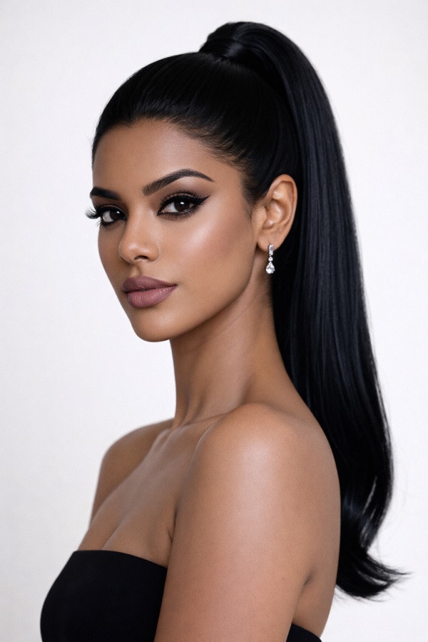 Jet Black hair color for Bright Winter — Sleek High Ponytail | color analysis hair guide