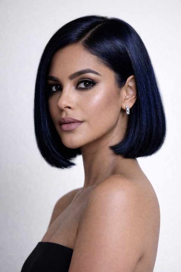 Blue-Black hair color for Bright Winter — Blunt Bob | color analysis hair guide