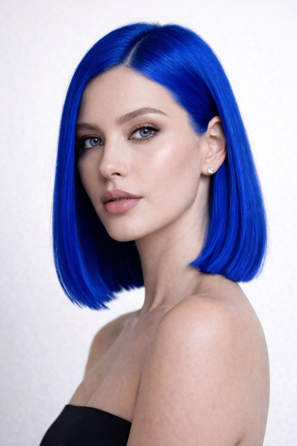 Electric Blue hair color for Bright Winter — Blunt Bob | color analysis hair guide
