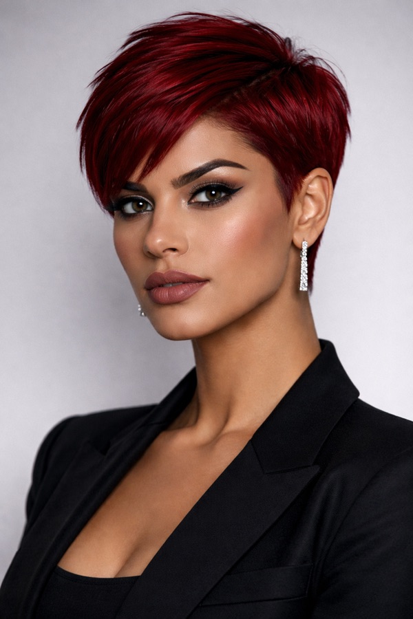 True Cherry Red hair color for Bright Winter — Textured Pixie | color analysis hair guide