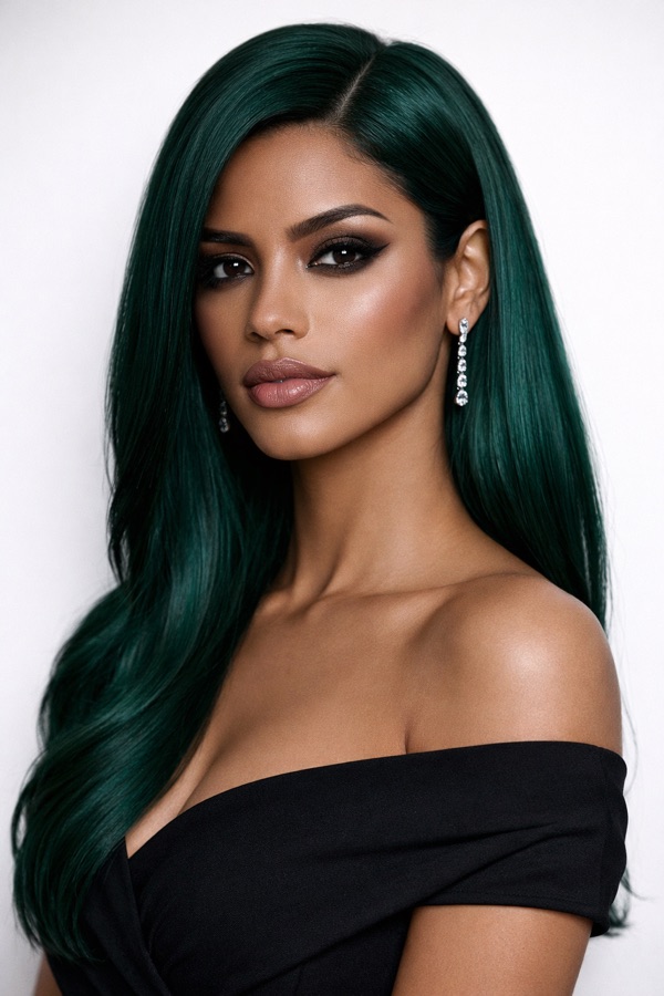 Deep Emerald hair color for Bright Winter — Long Sleek Waves | color analysis hair guide