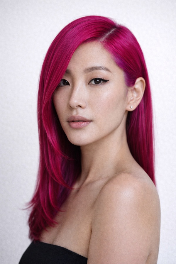 Hot Magenta hair color for Bright Winter — Long Side-Swept | color analysis hair guide