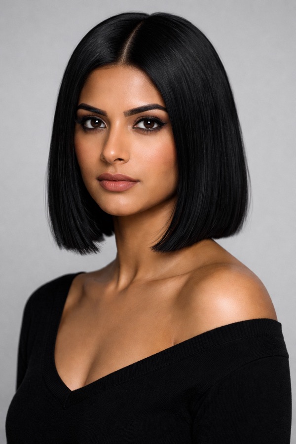 Jet Black hair color for Deep Winter — Sleek Blunt Bob | color analysis hair guide