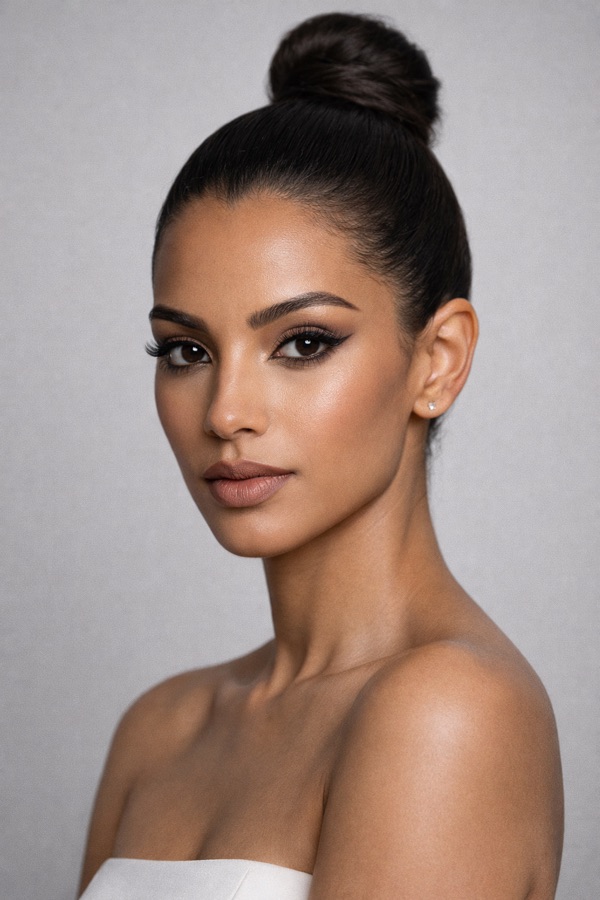 Dark Ash Brown hair color for Deep Winter — Sleek High Bun | color analysis hair guide