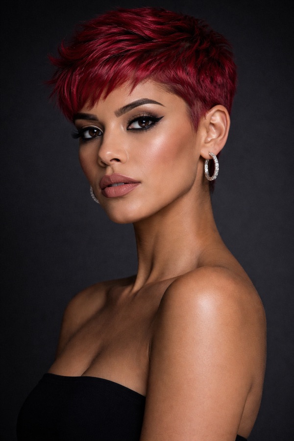 Cherry Red hair color for Deep Winter — Textured Pixie | color analysis hair guide