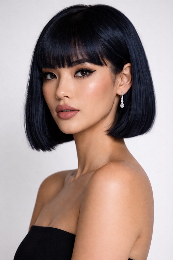 Midnight Blue hair color for Deep Winter — Blunt Bob with Fringe | color analysis hair guide
