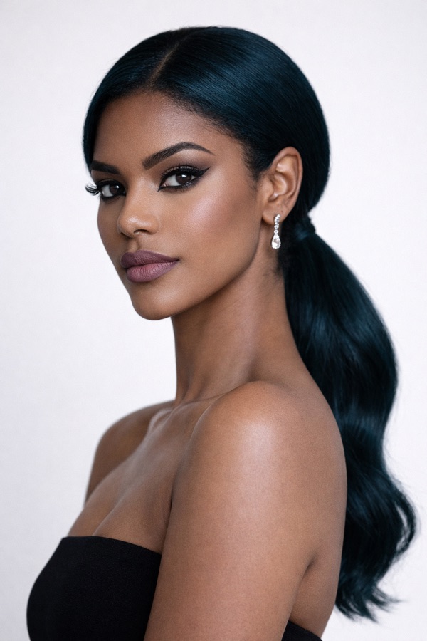 Dark Teal hair color for Deep Winter — Sleek Low Ponytail | color analysis hair guide