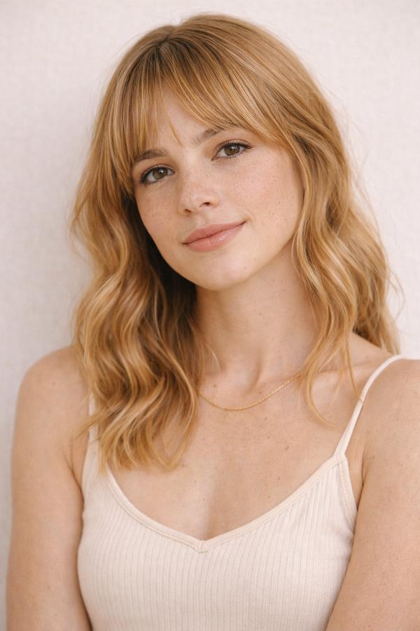 Strawberry Honey hair color for Light Spring — Wavy Bob with Fringe | color analysis hair guide