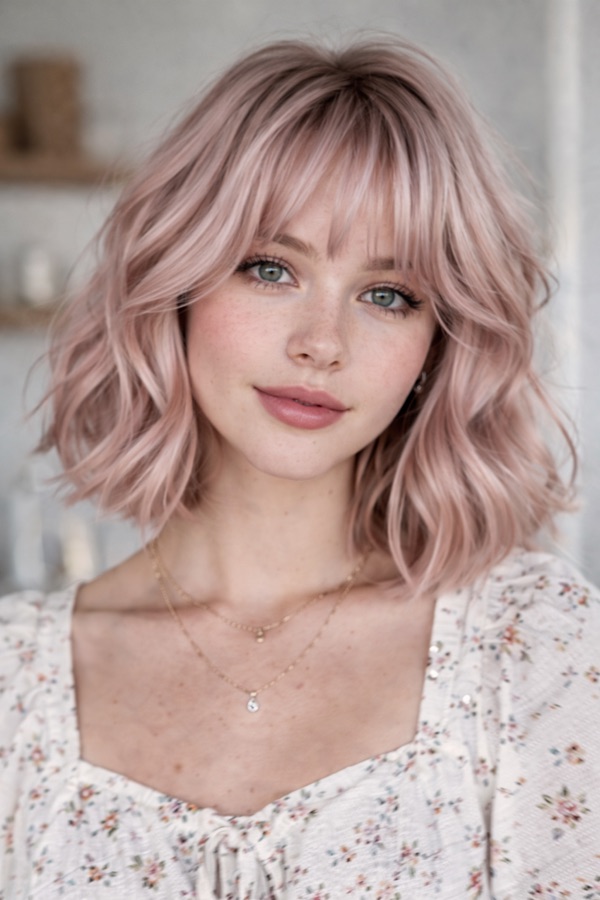 Cool Rose Blonde hair color for Light Summer — Wavy Bob with Fringe | color analysis hair guide