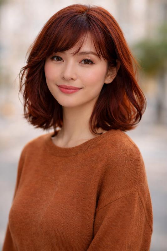 Warm Auburn hair color for Soft Autumn — Wavy Bob with Bangs | color analysis hair guide