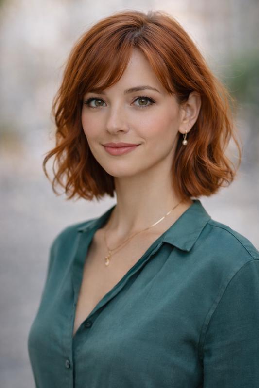 Soft Auburn Lob hair color for Soft Autumn — Lob with Bangs | color analysis hair guide