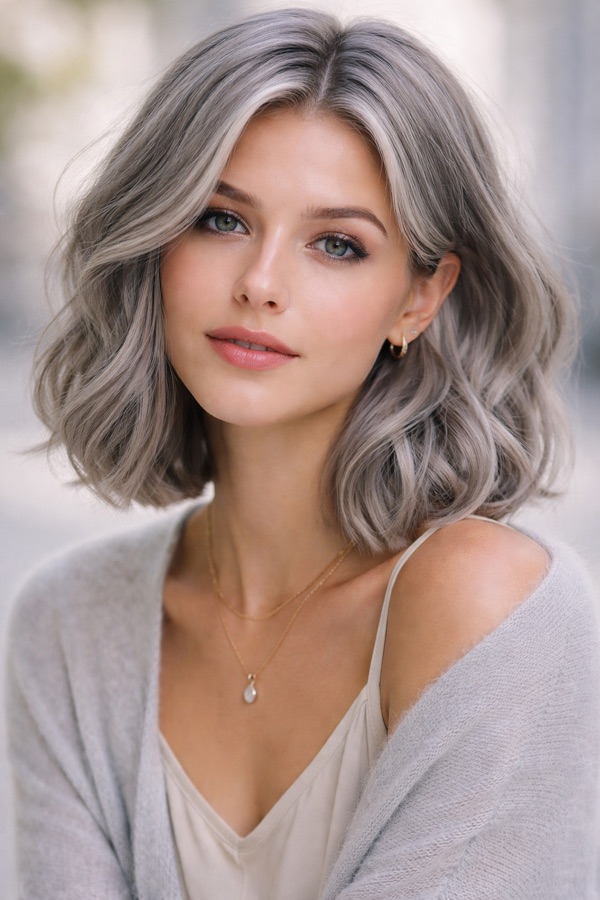 Silver Grey hair color for Soft Summer — Wavy Bob | color analysis hair guide
