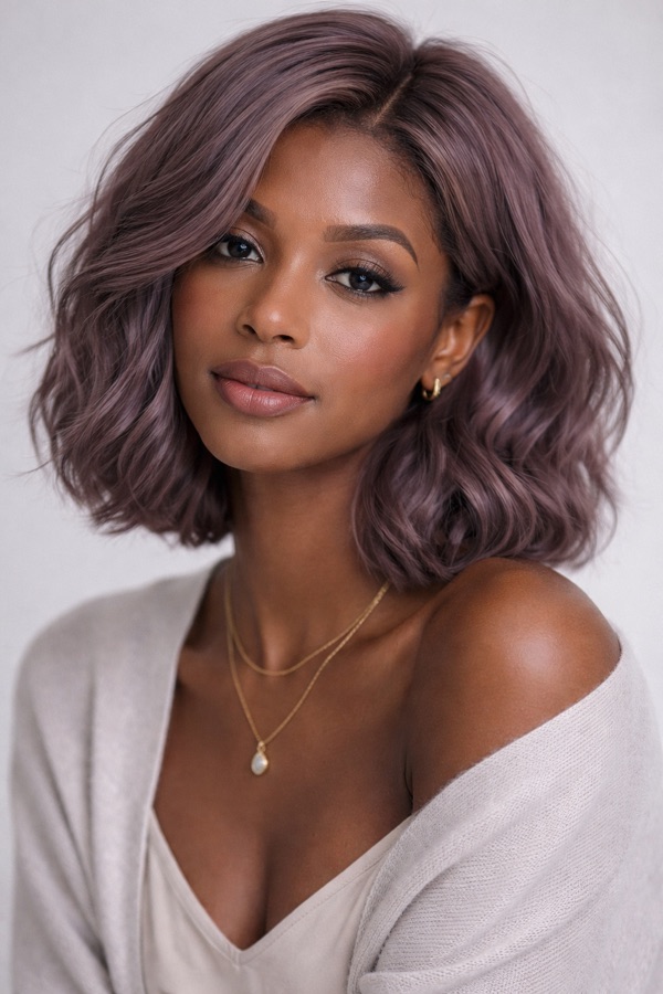 Dusty Mauve hair color for Soft Summer — Wavy Bob | color analysis hair guide