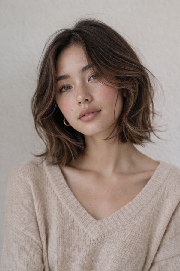 Warm Medium Brown hair color for True Spring — Wavy Lob | color analysis hair guide