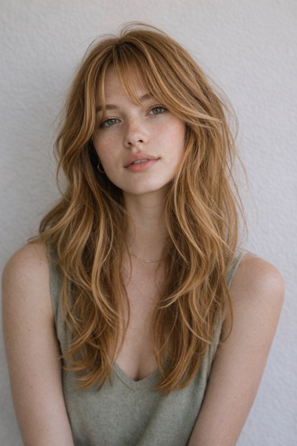 Honey Auburn hair color for True Spring — Long Layers with Fringe | color analysis hair guide
