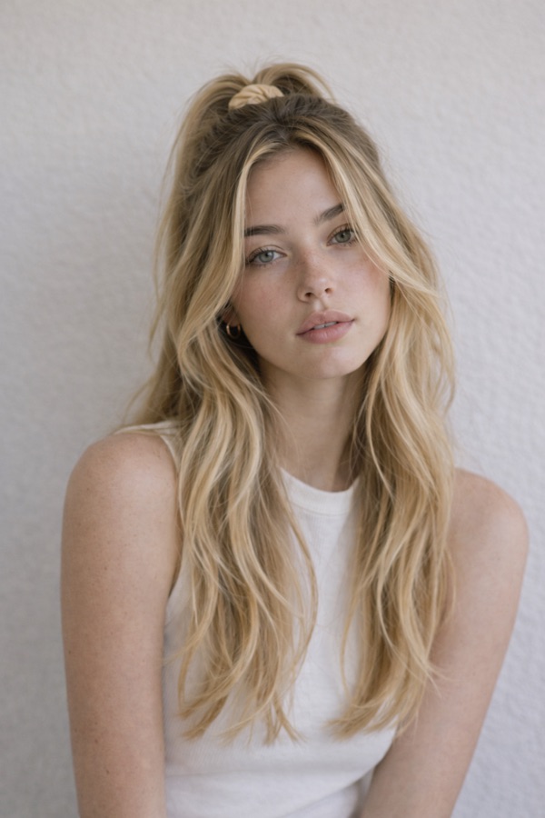 Golden Blonde hair color for True Spring — Long Half-Up | color analysis hair guide
