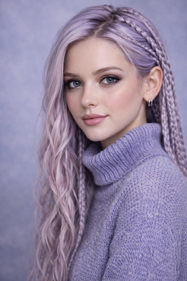 Soft Lavender hair color for True Summer — Long Braided Waves | color analysis hair guide
