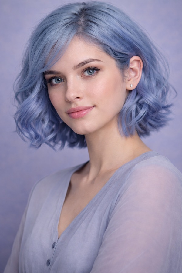 Dusty Blue hair color for True Summer — Wavy Bob | color analysis hair guide