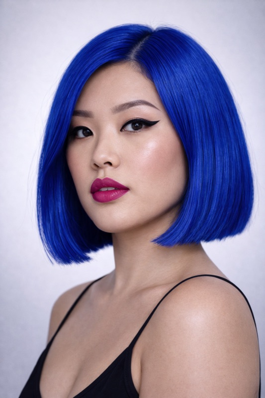 Electric Blue hair color for True Winter — Sleek Blunt Bob | color analysis hair guide