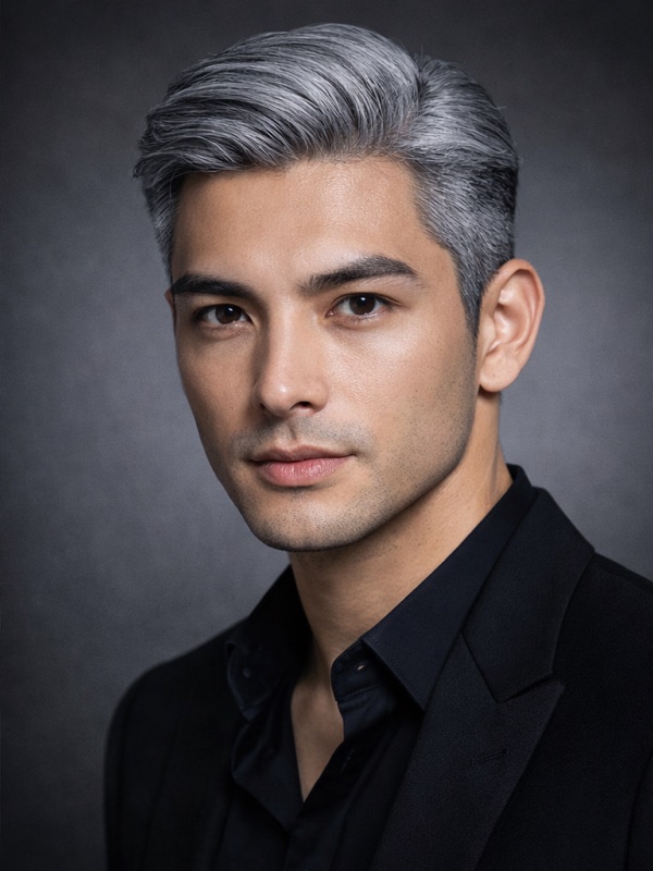 Steel Grey hair color for True Winter — Sleek Side-Part | color analysis hair guide